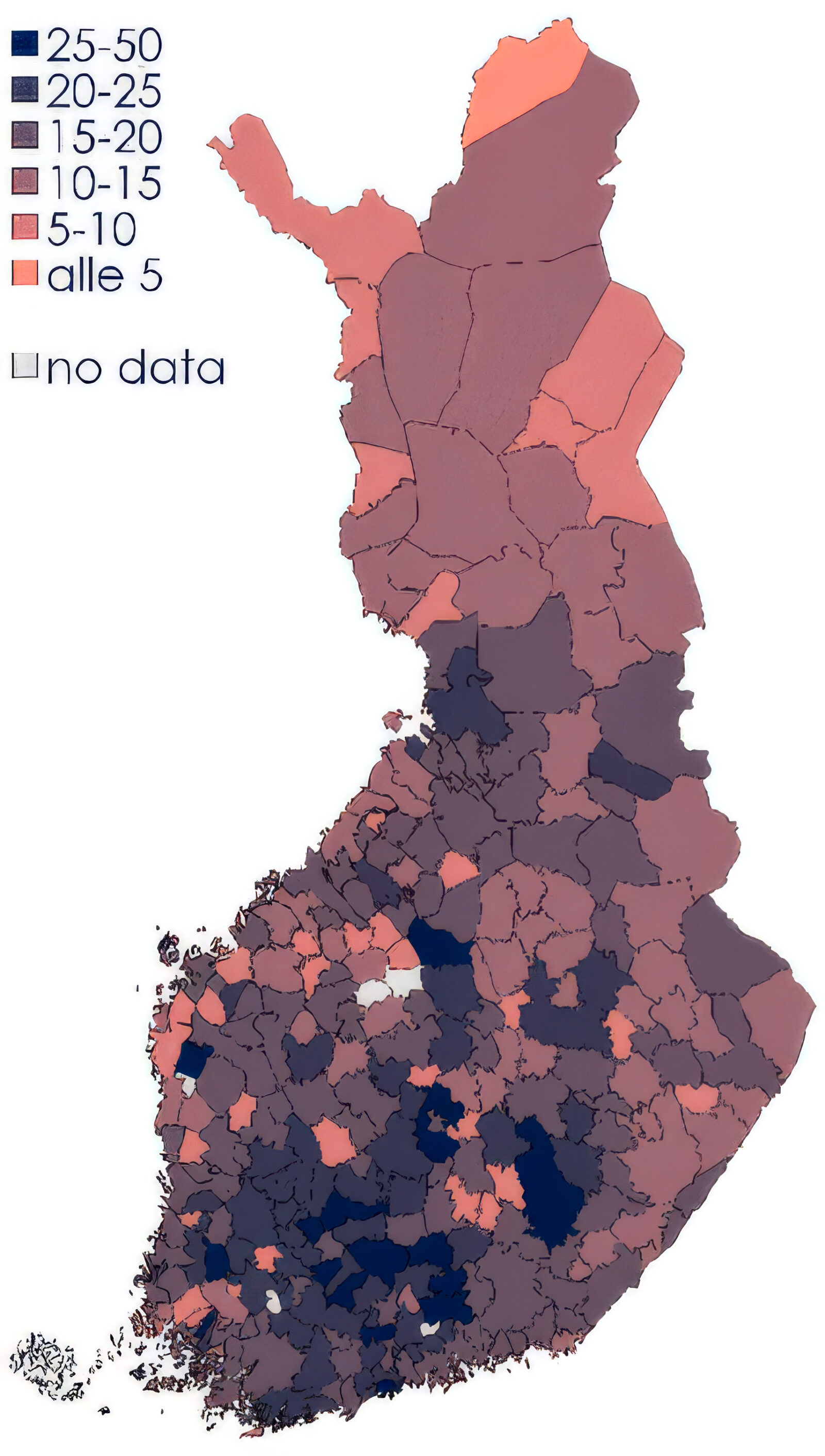 Kartta, joka kuvaa potentiaalisen kilpailun määrää Suomessa.